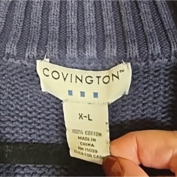 Covington Sweater Fair Isle Quarter Zip Cotton Snowflake Ski Winter Blue Men XL - Picture 8 of 10